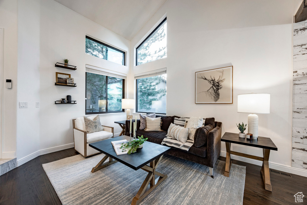 Living room featuring dark wood-style floors, baseboards, and high vaulted ceiling