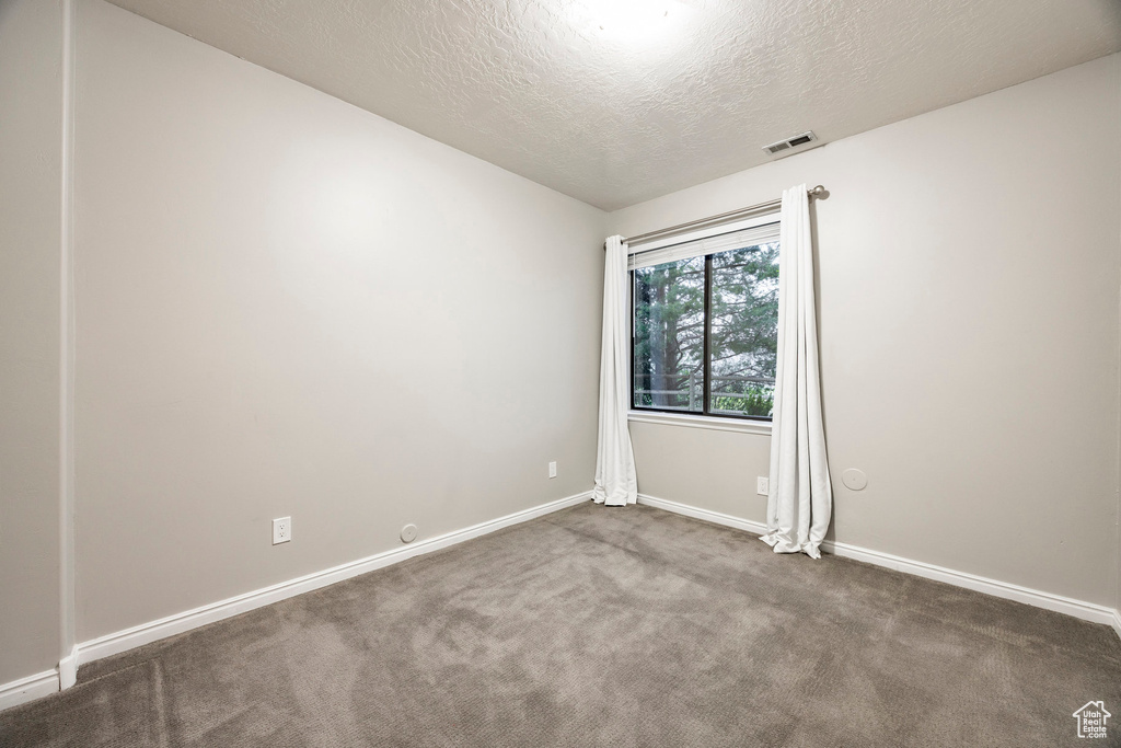 Empty room with carpet floors, a textured ceiling, and baseboards