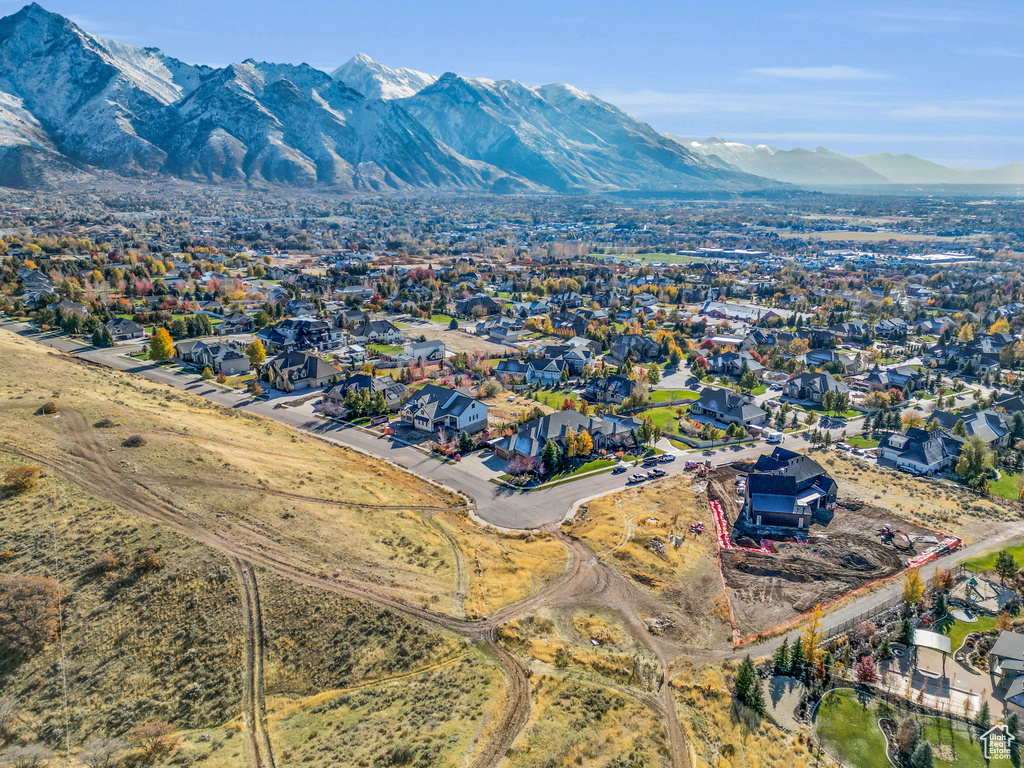 Aerial view of residential area with a mountain backdrop
