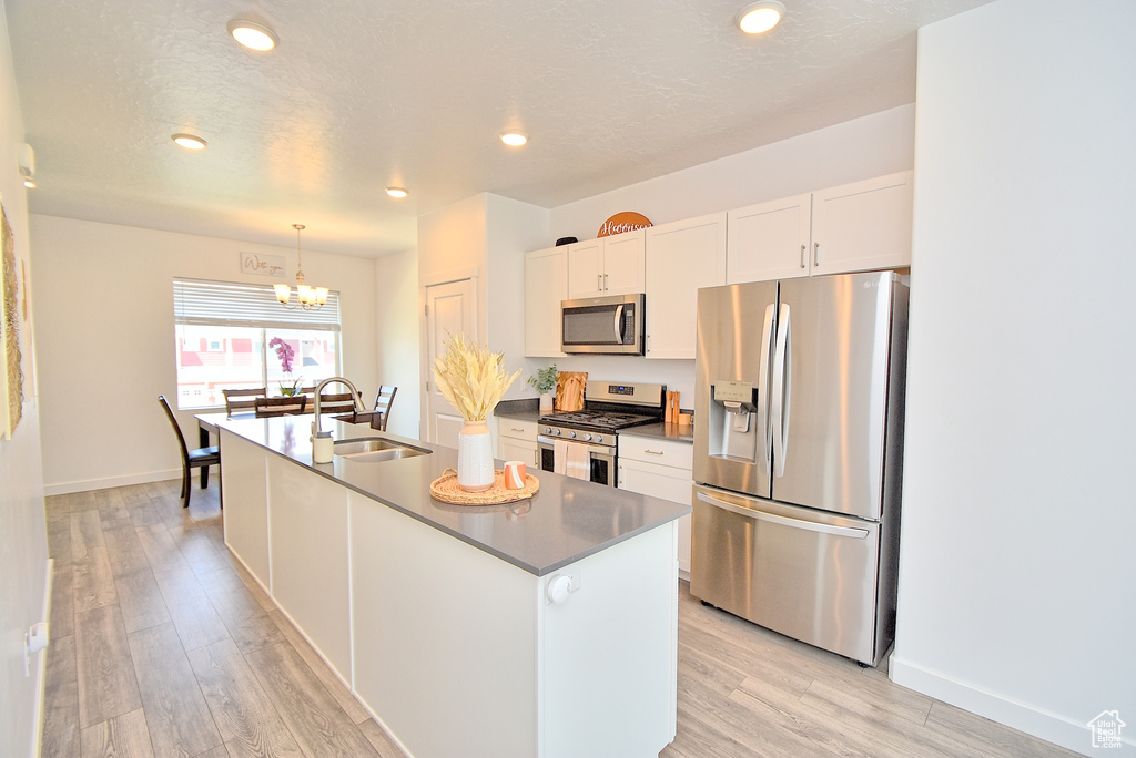 Kitchen featuring appliances with stainless steel finishes, a sink, a chandelier, light wood finished floors, and white cabinetry