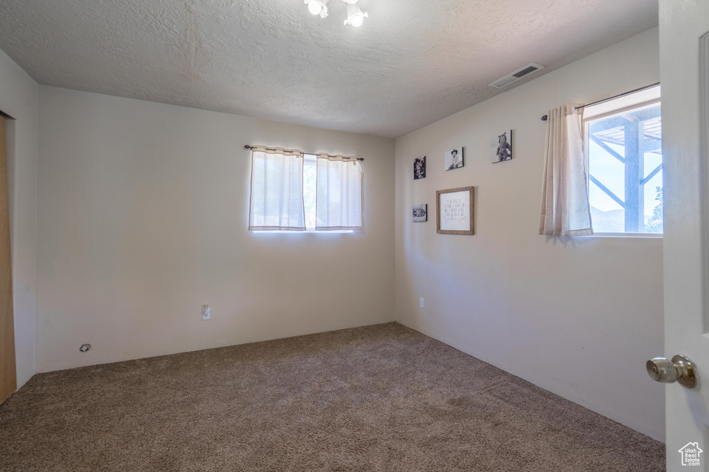 Carpeted spare room with a textured ceiling