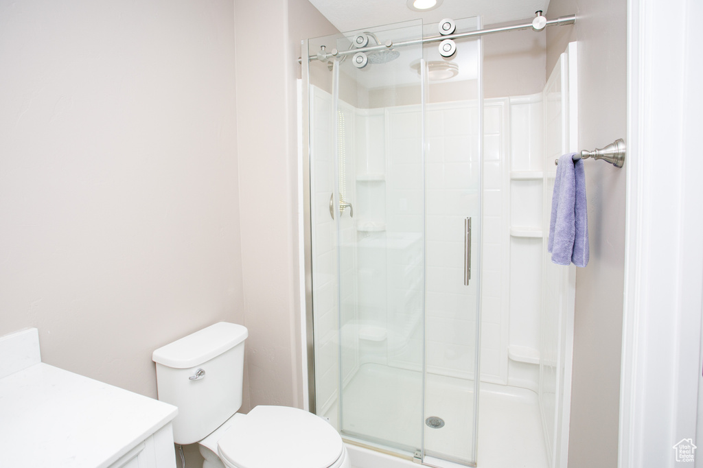 Bathroom with vanity, toilet, and a stall shower