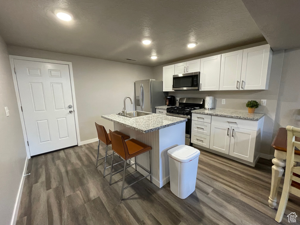 Kitchen featuring appliances with stainless steel finishes, dark wood-style floors, a sink, white cabinets, and recessed lighting