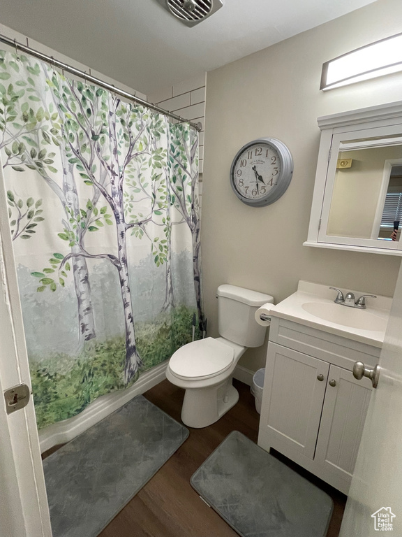 Full bathroom with wood finished floors, toilet, vanity, a shower with curtain, and baseboards
