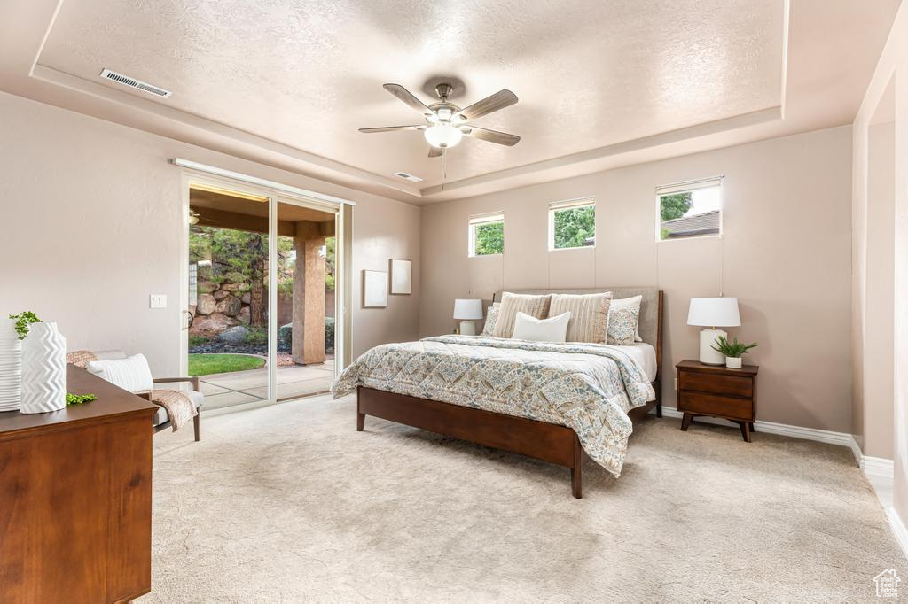Carpeted bedroom featuring a raised ceiling, access to exterior, a textured ceiling, a ceiling fan, and baseboards