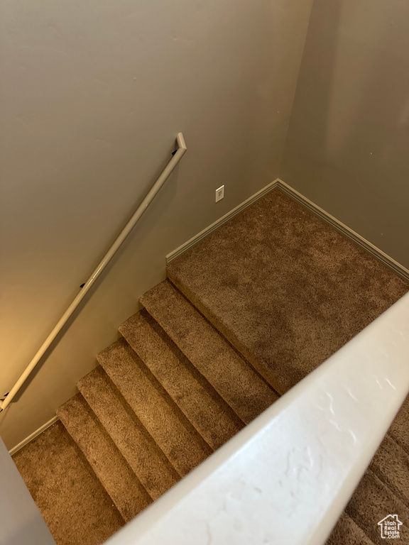 Stairway featuring carpet flooring