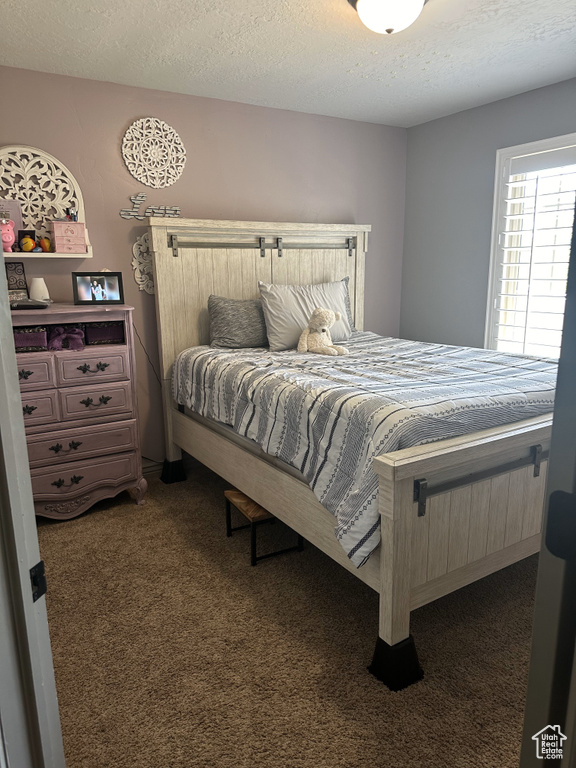 Bedroom with carpet flooring and a textured ceiling