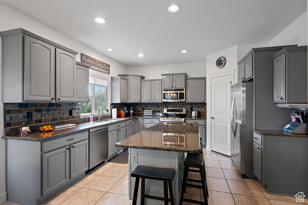 Kitchen with stainless steel appliances, gray cabinets, a sink, a center island, and recessed lighting