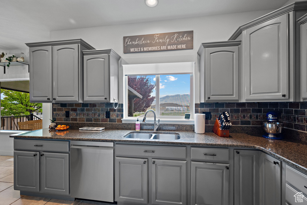 Kitchen with dishwasher, a sink, gray cabinets, plenty of natural light, and recessed lighting