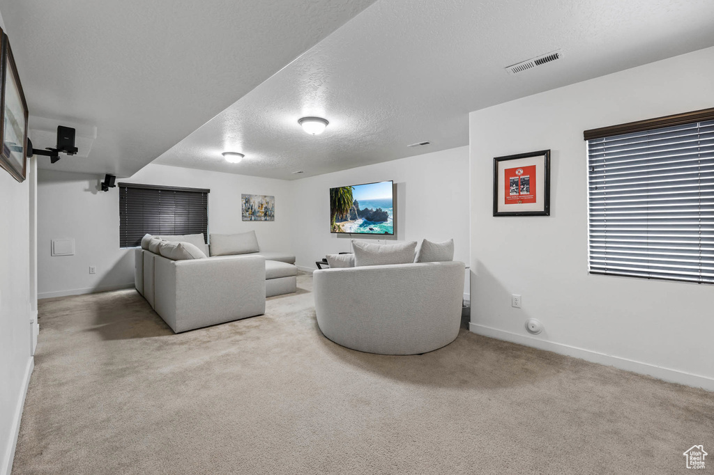 Carpeted living area featuring baseboards and a textured ceiling