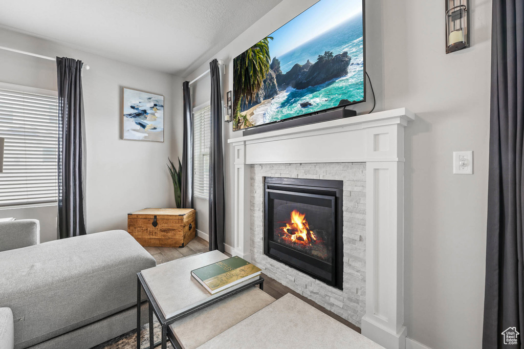 Living room featuring a stone fireplace, wood finished floors, and baseboards