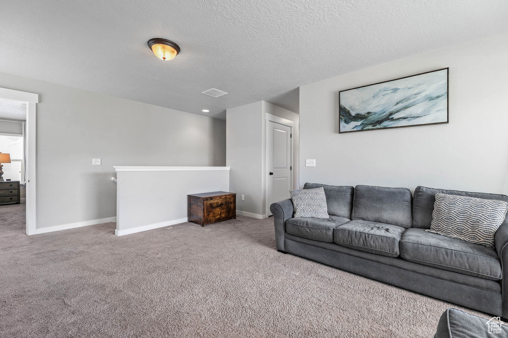 Carpeted living area featuring baseboards and a textured ceiling