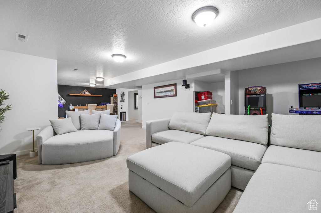 Living room featuring carpet, a textured ceiling, and baseboards