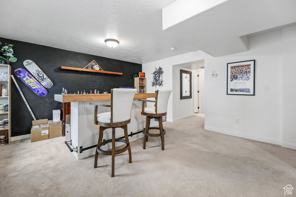 Indoor dry bar featuring carpet flooring, a textured ceiling, and baseboards