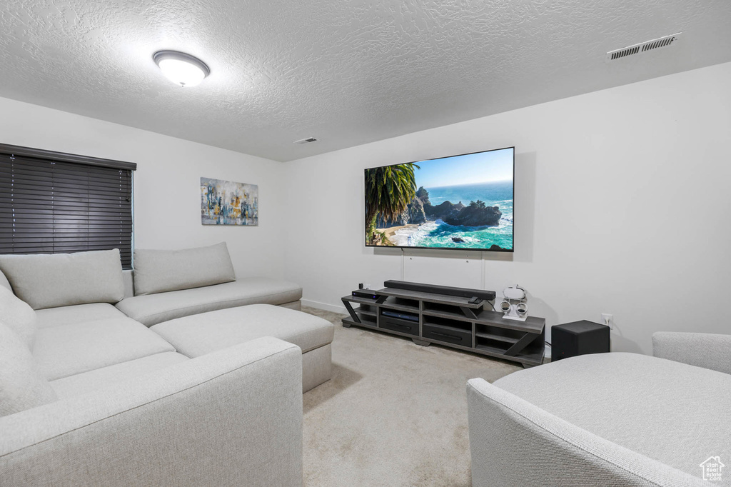 Living area with light carpet, a textured ceiling, and baseboards