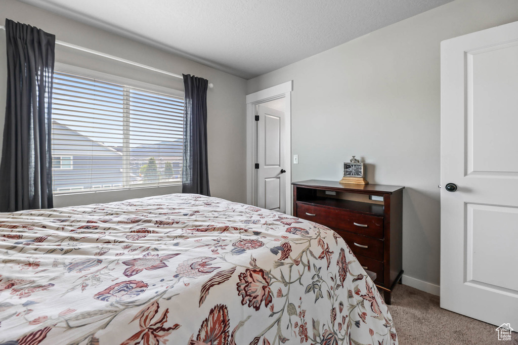 Bedroom featuring light colored carpet and baseboards