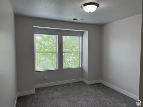 Carpeted empty room featuring baseboards and a textured ceiling