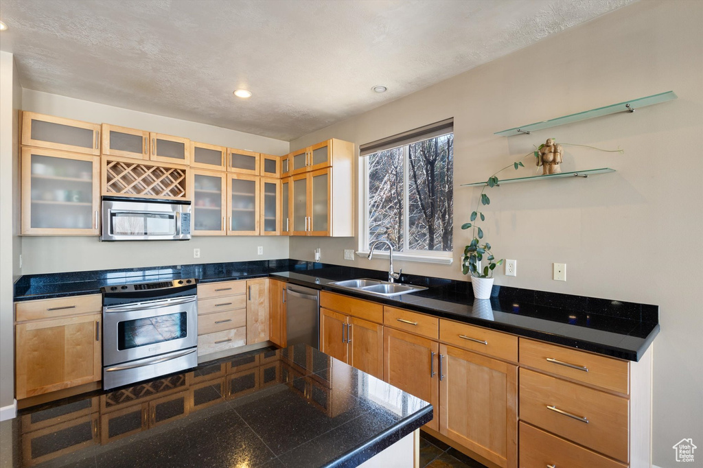 Kitchen with appliances with stainless steel finishes, a sink, glass insert cabinets, recessed lighting, and tile counters