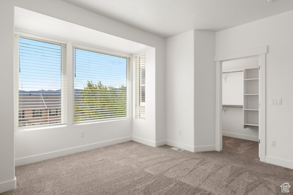 Unfurnished bedroom with carpet flooring, baseboards, a walk in closet, and a closet