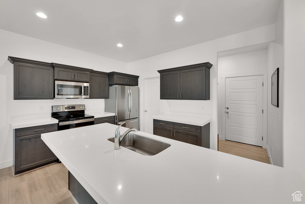 Kitchen featuring appliances with stainless steel finishes, a sink, light wood-style floors, light countertops, and recessed lighting
