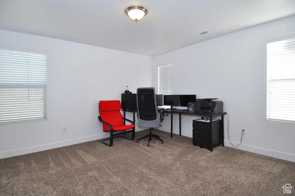 Office space with carpet floors and baseboards