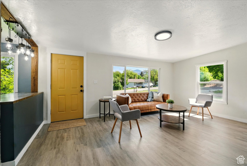 Living room with wood finished floors, a textured ceiling, and baseboards