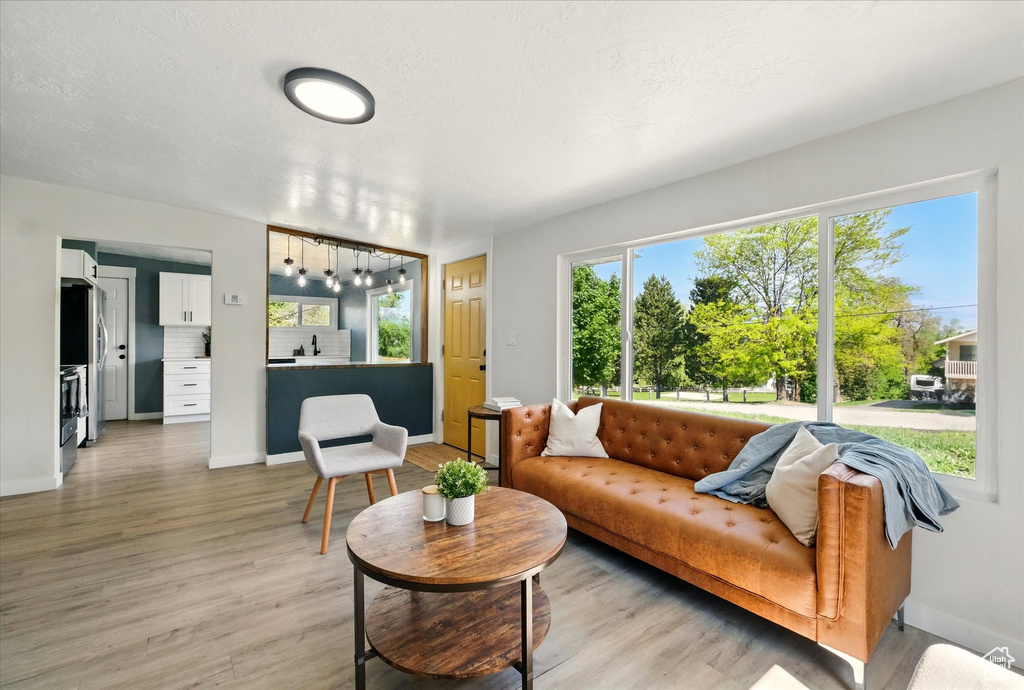 Living area featuring light wood-style floors, plenty of natural light, and baseboards