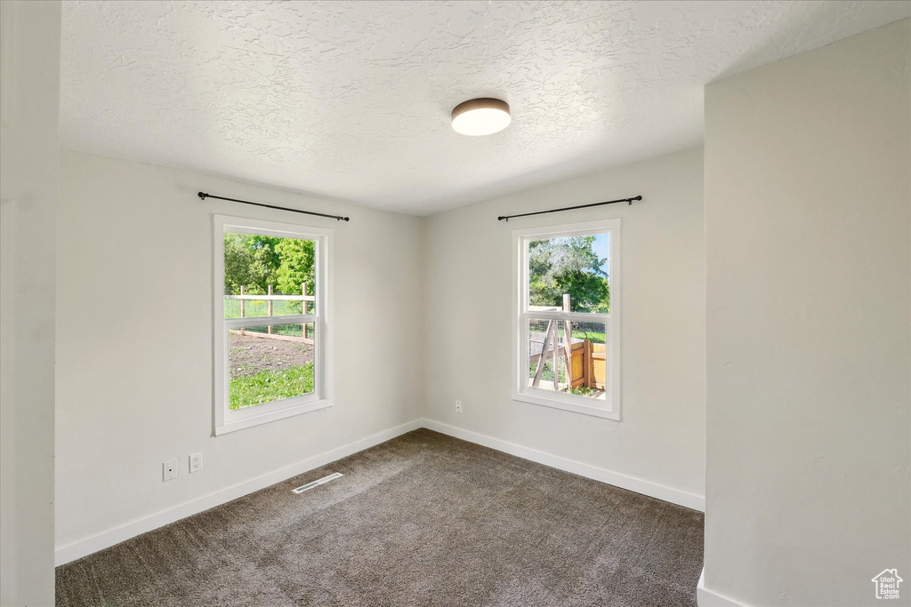 Spare room with plenty of natural light, a textured ceiling, baseboards, and dark colored carpet