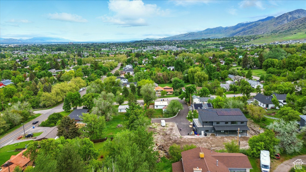 Aerial view of residential area with mountains