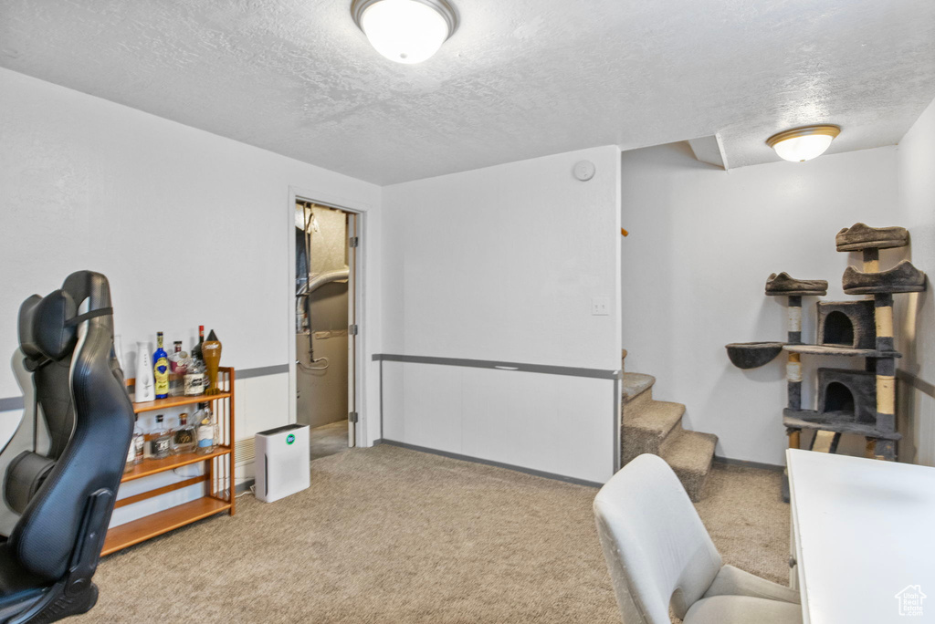 Home office featuring a textured ceiling and carpet flooring