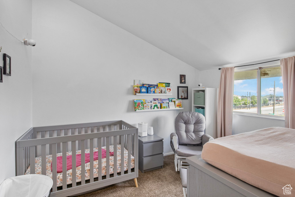 Carpeted bedroom featuring vaulted ceiling