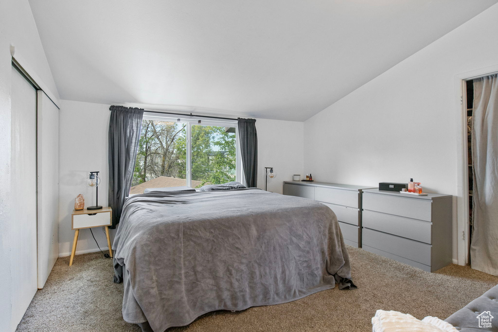 Bedroom with lofted ceiling, carpet floors, and a closet