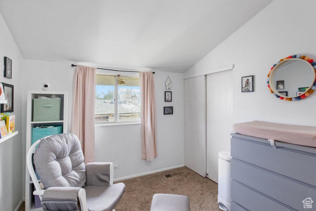 Sitting room featuring lofted ceiling and carpet