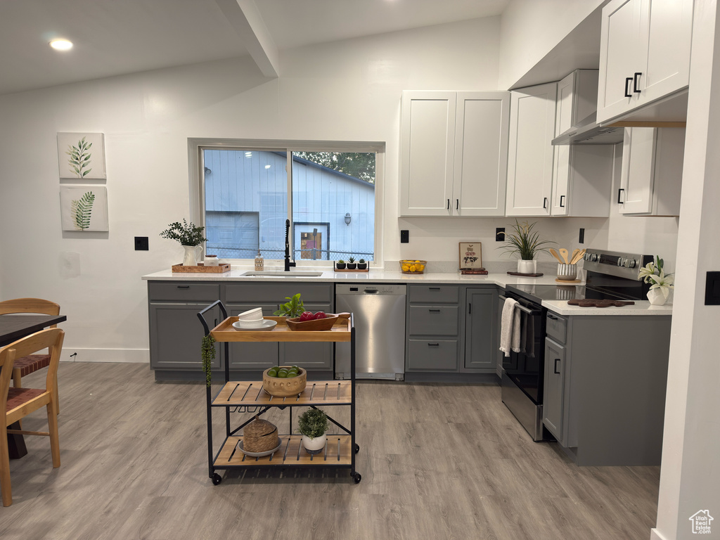Kitchen with stainless steel appliances, a sink, gray cabinetry, light wood-type flooring, and baseboards