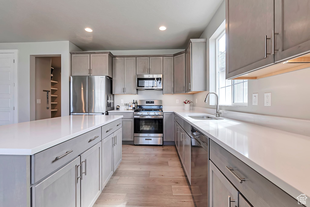 Kitchen with stainless steel appliances, a sink, gray cabinets, light wood-type flooring, and recessed lighting