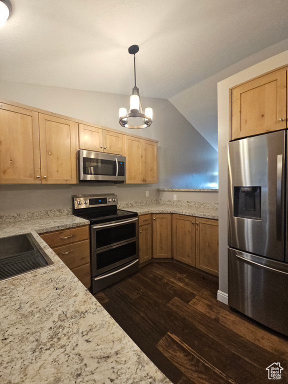 Kitchen featuring appliances with stainless steel finishes, lofted ceiling, dark wood-style floors, a sink, and light brown cabinets