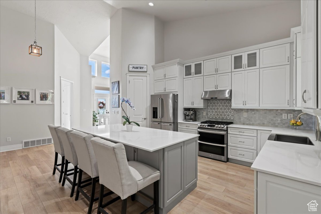 Kitchen with stainless steel appliances, a sink, high vaulted ceiling, under cabinet range hood, and backsplash