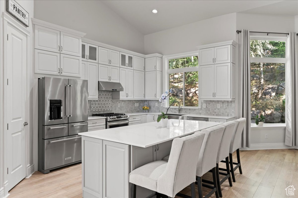 Kitchen featuring stainless steel appliances, under cabinet range hood, backsplash, lofted ceiling, and light countertops