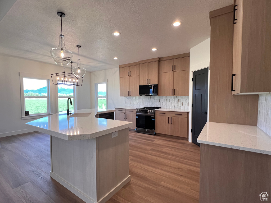 Kitchen with stainless steel appliances, a sink, backsplash, light wood finished floors, and light brown cabinets