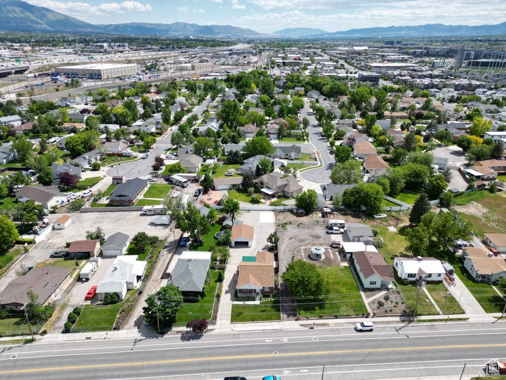 Aerial view of residential area with mountains