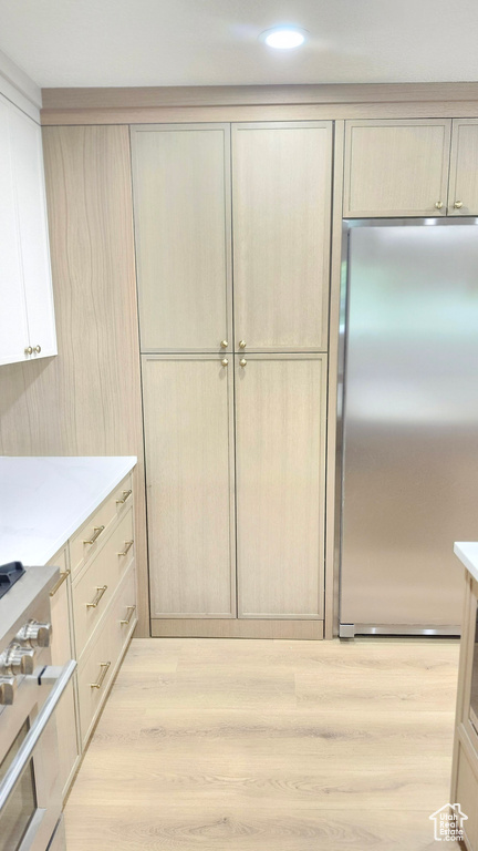 Kitchen with appliances with stainless steel finishes, light wood-style floors, light countertops, and recessed lighting