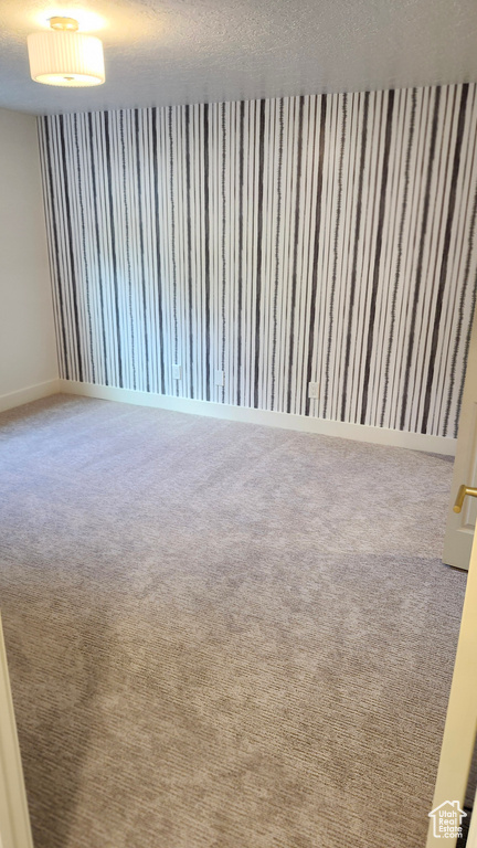 Spare room with a textured ceiling, carpet, and baseboards