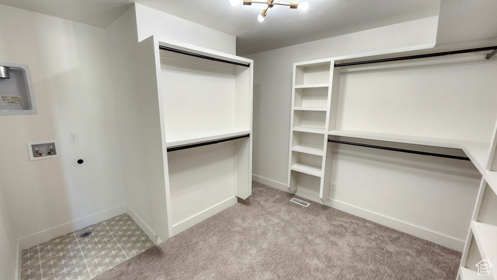 Spacious closet featuring light colored carpet