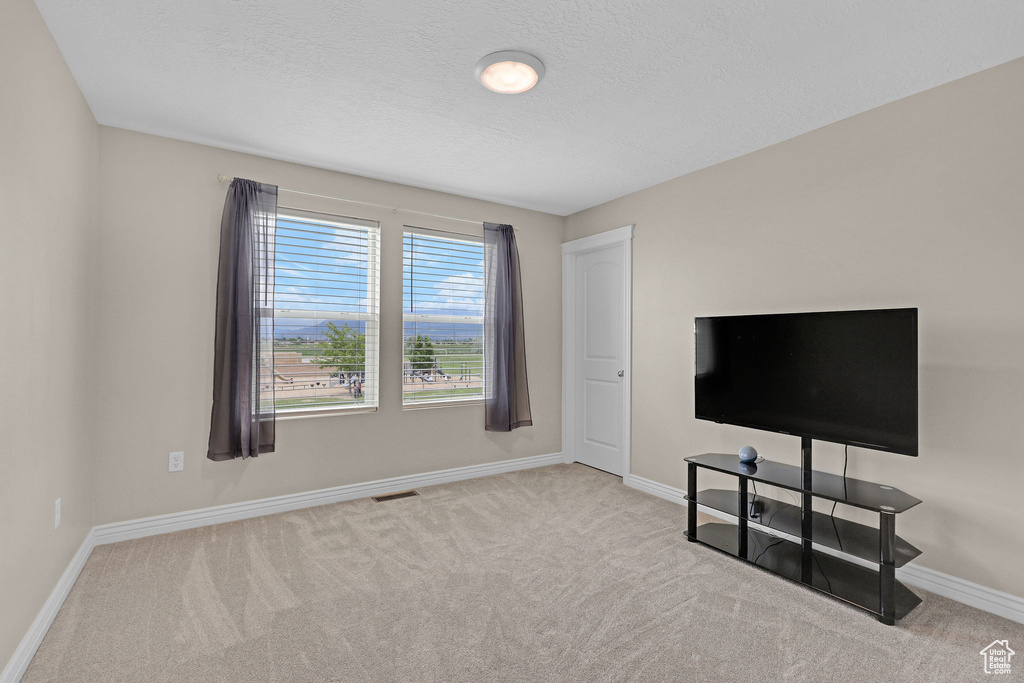 Unfurnished living room featuring carpet, baseboards, and a textured ceiling