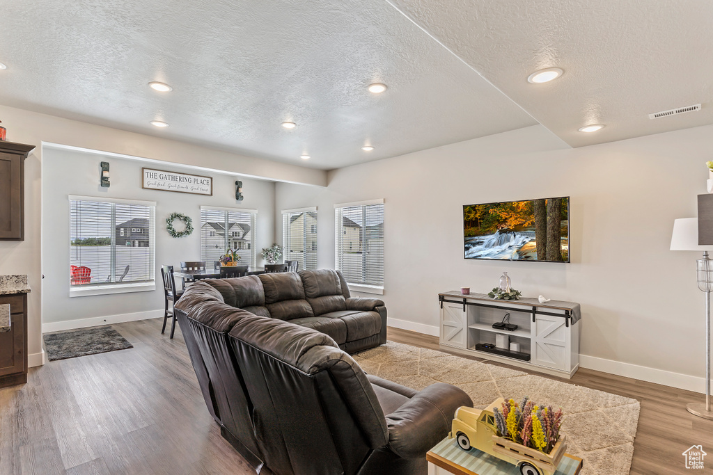 Living room with a textured ceiling, wood finished floors, baseboards, healthy amount of natural light, and recessed lighting