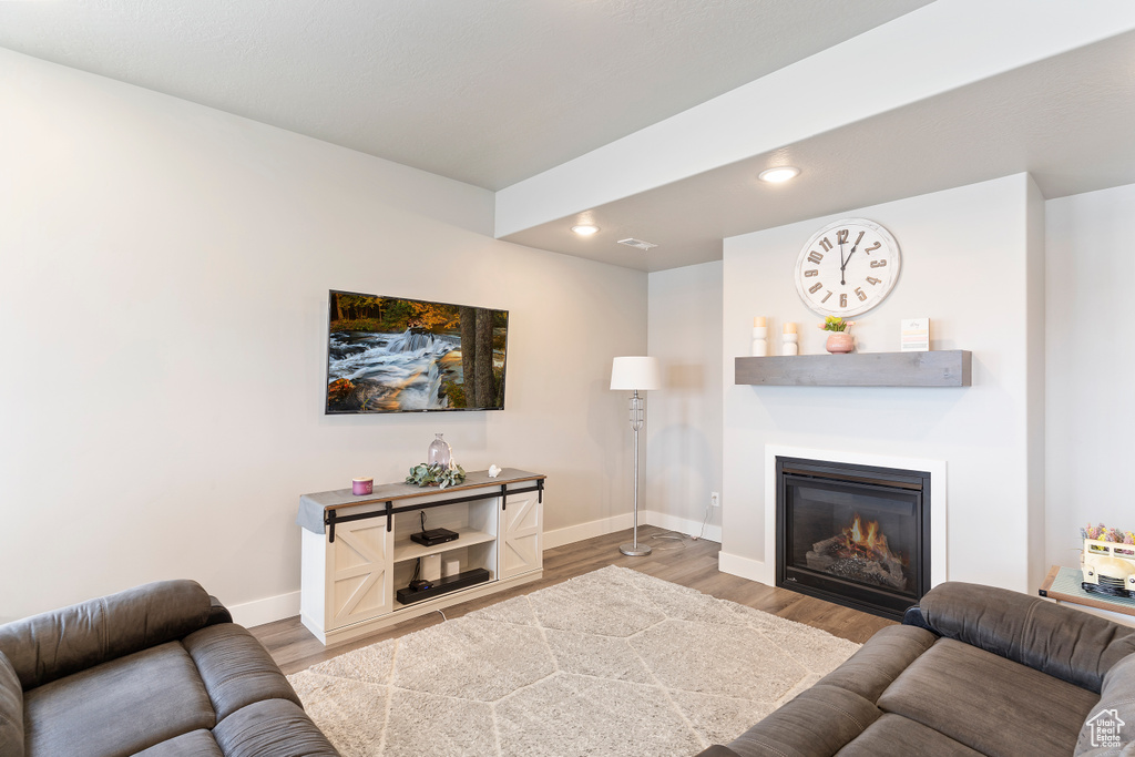 Living area with light wood finished floors, baseboards, a glass covered fireplace, and recessed lighting