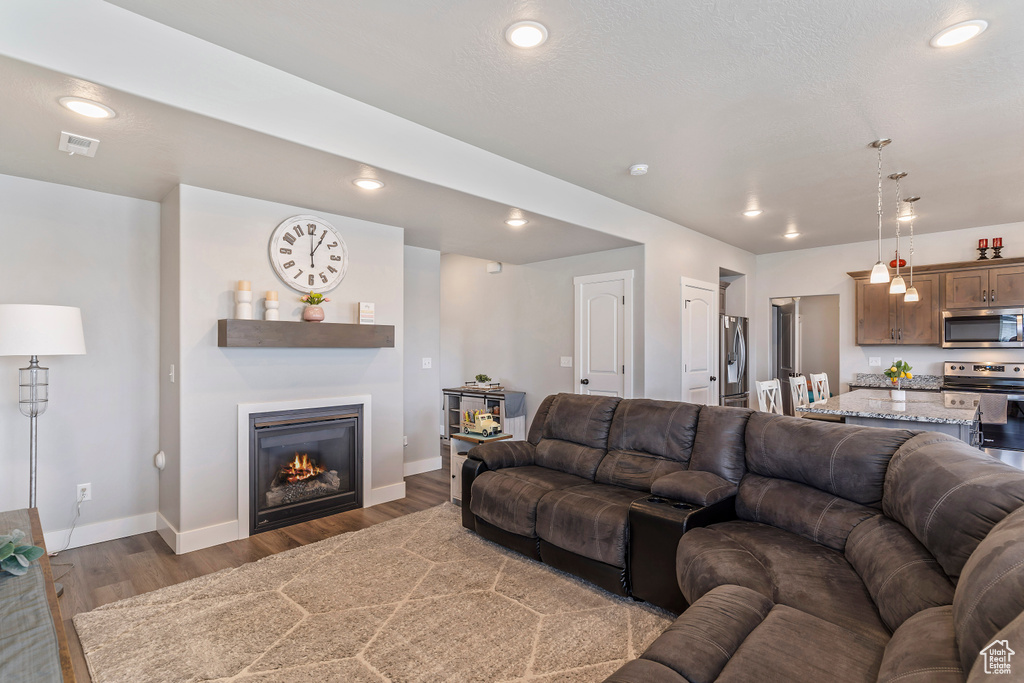 Living area with wood finished floors, recessed lighting, baseboards, and a glass covered fireplace
