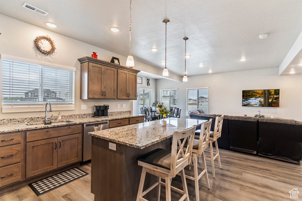 Kitchen with a sink, dishwasher, light wood-type flooring, open floor plan, and recessed lighting