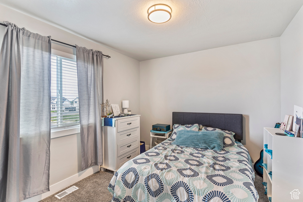 Carpeted bedroom featuring multiple windows and baseboards