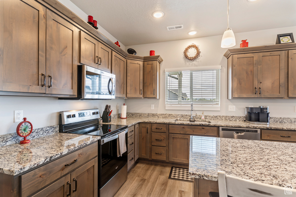 Kitchen with stainless steel appliances, a sink, light wood-style floors, plenty of natural light, and recessed lighting